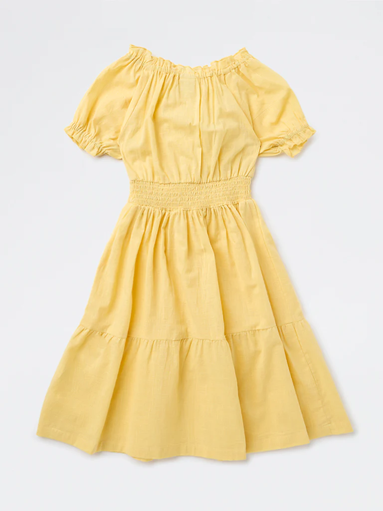Utsa Kids Girls Yellow Floral Embroidered A-Line Cotton Dress - (8-14 yrs) - Image 2