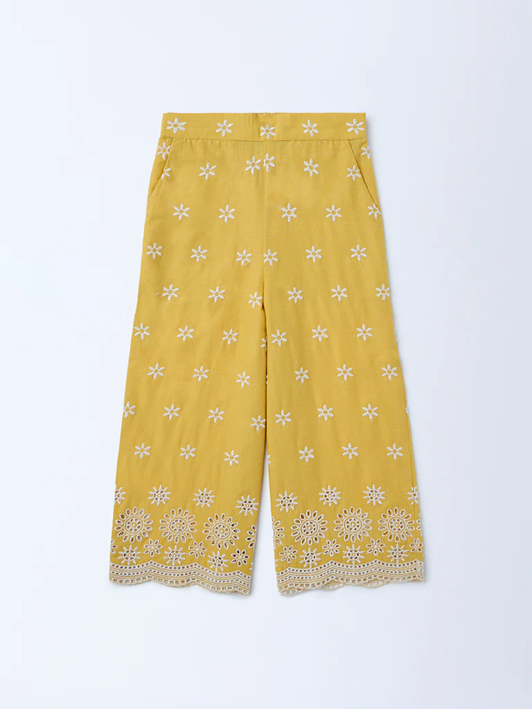 Utsa Kids Girls Yellow Floral Embroidered Cotton Ethnic Pants - (2-8 yrs) - Image 3