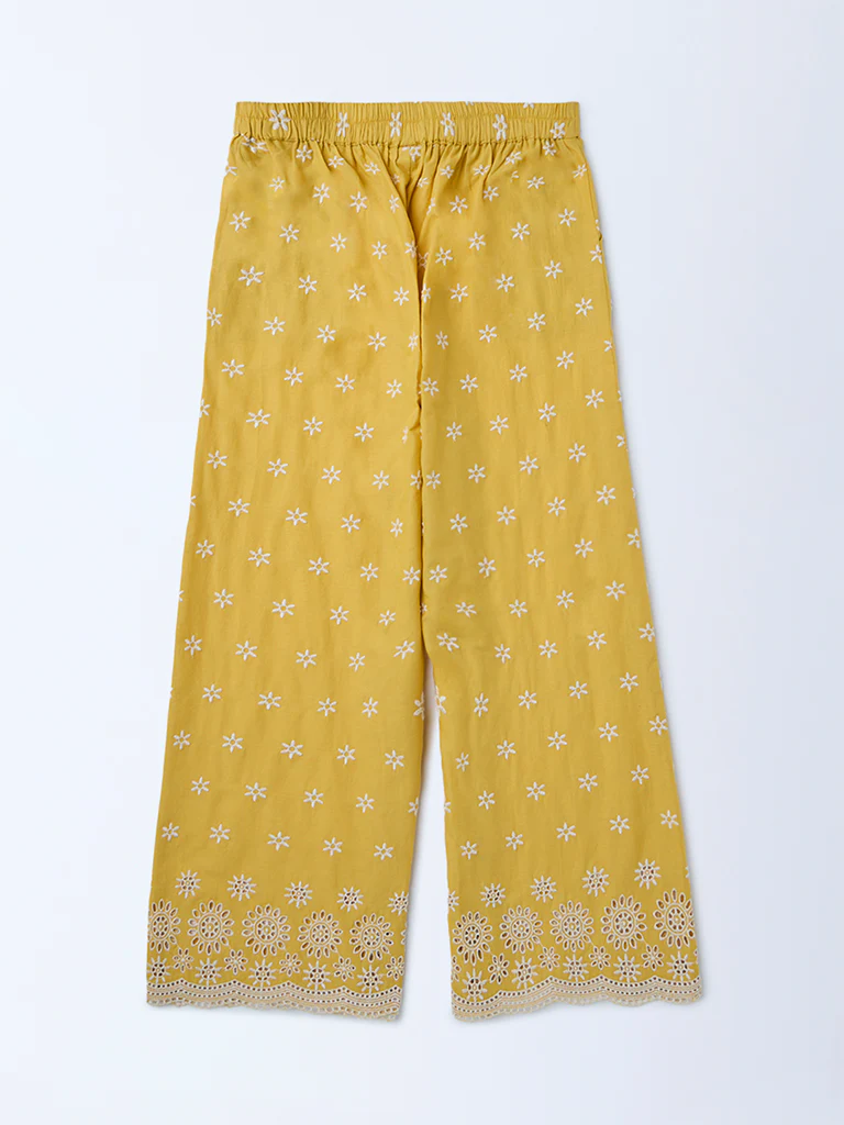 Utsa Kids Girls Yellow Floral Embroidered Cotton Ethnic Pants - (8-14 yrs) - Image 2