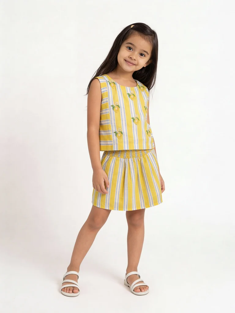 Utsa Kids Girls Yellow Striped Embroidered Cotton Top - (2-8 yrs)