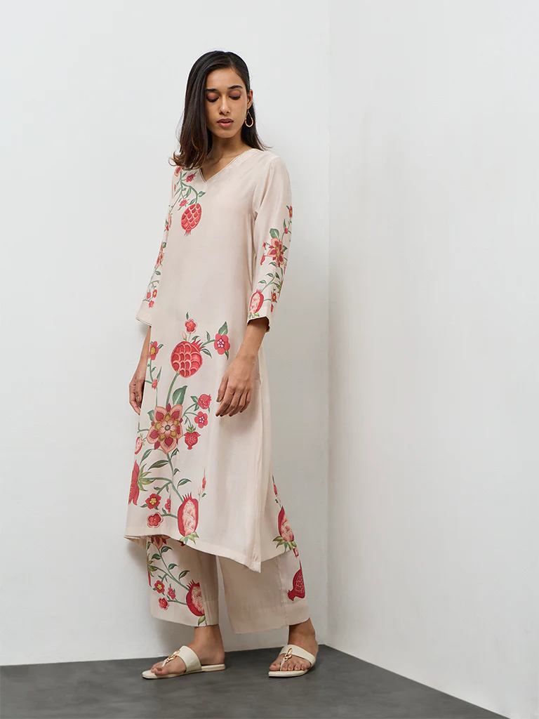 Utsa Light Beige Anar Printed A-Line Kurta - Image 2