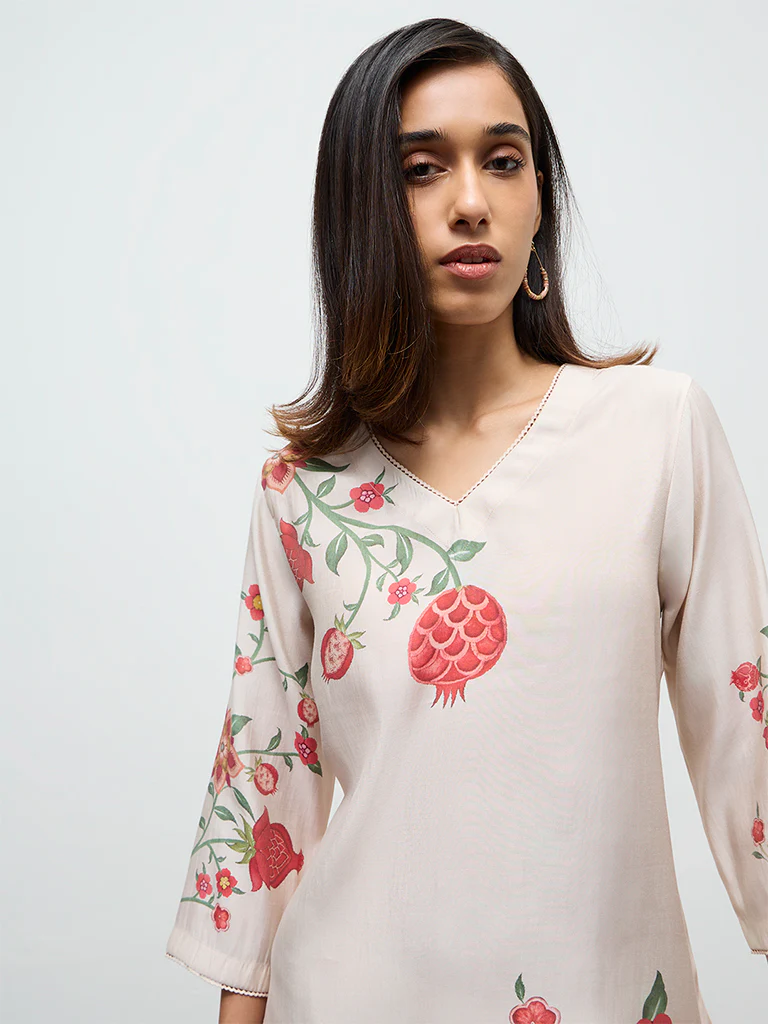 Utsa Light Beige Anar Printed A-Line Kurta - Image 3