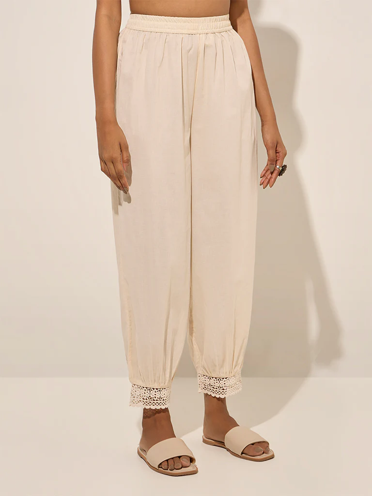 Utsa Light Beige Crochet-Detailed Harem-Style Ethnic Pants - Image 2