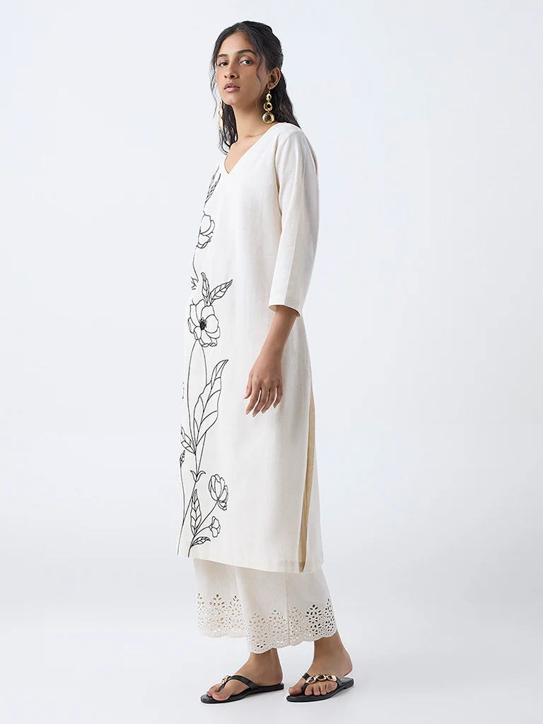 Utsa Light Beige Embroidered Cotton-Blend A-Line Kurta - Image 2