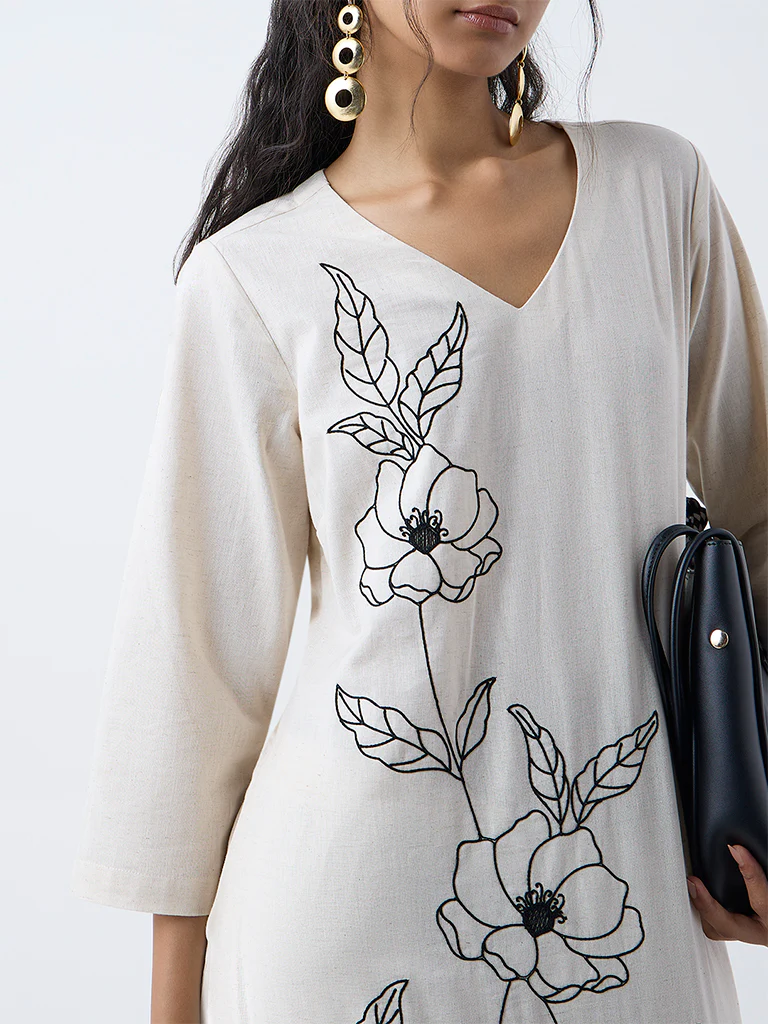 Utsa Light Beige Embroidered Cotton-Blend A-Line Kurta - Image 3