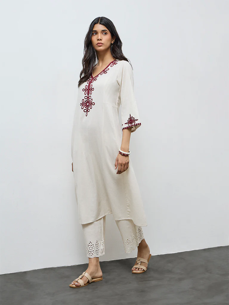 Utsa Light Beige Embroidered Cotton-Blend A-Line Kurta - Image 2