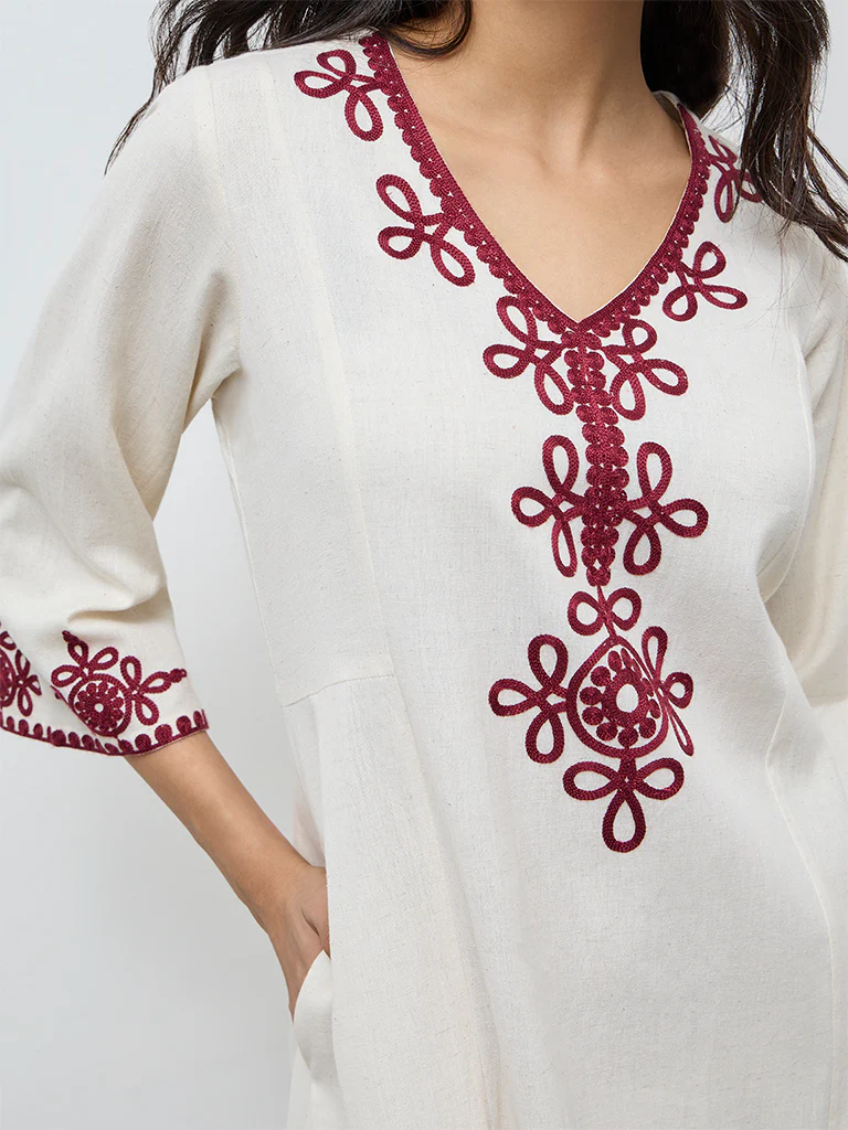 Utsa Light Beige Embroidered Cotton-Blend A-Line Kurta - Image 3