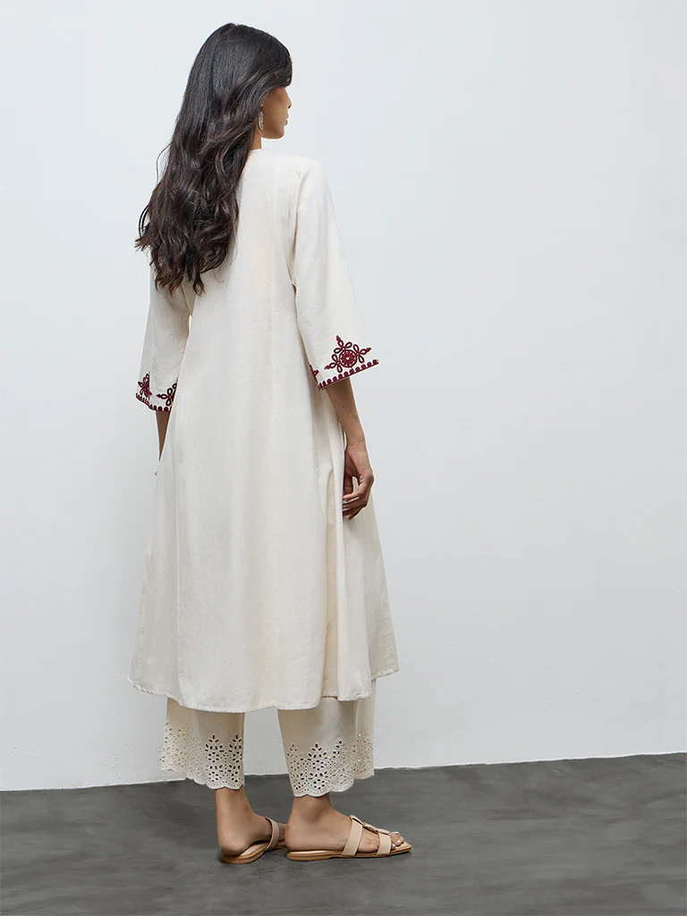 Utsa Light Beige Embroidered Cotton-Blend A-Line Kurta - Image 4