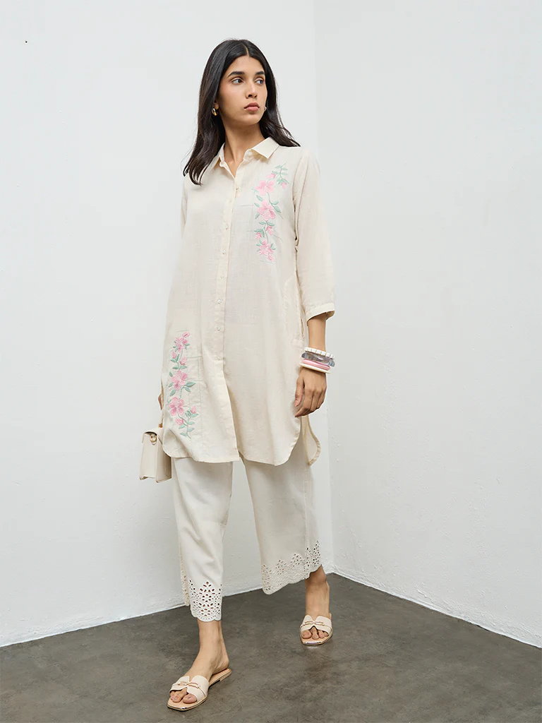 Utsa Light Beige Floral Embroidered Cotton Straight Kurta - Image 2