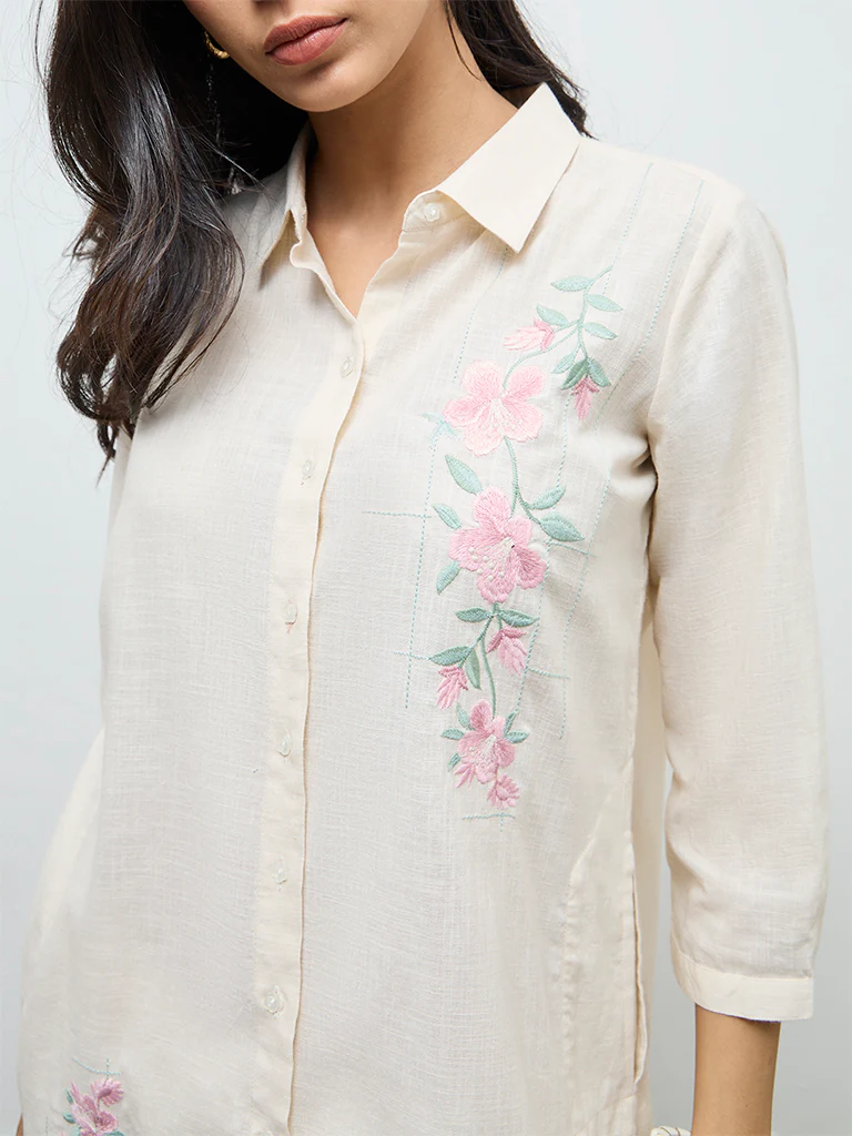 Utsa Light Beige Floral Embroidered Cotton Straight Kurta - Image 3