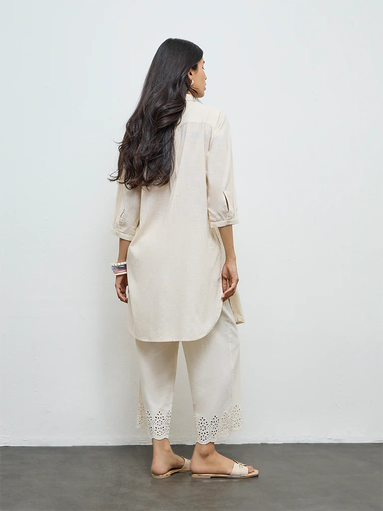 Utsa Light Beige Floral Embroidered Cotton Straight Kurta - Image 4