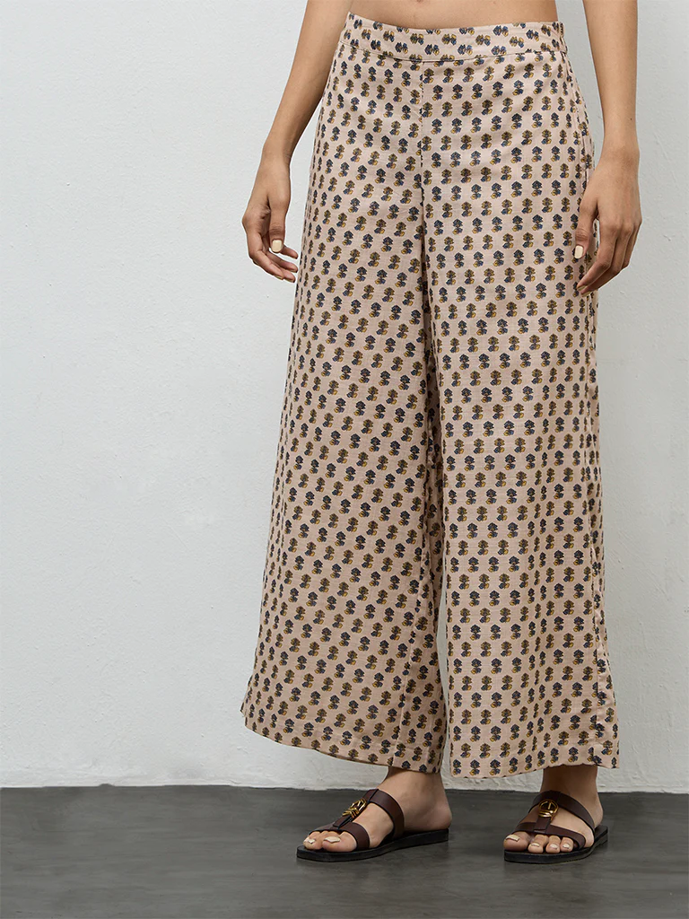 Utsa Light Beige Floral Printed Cotton Palazzos