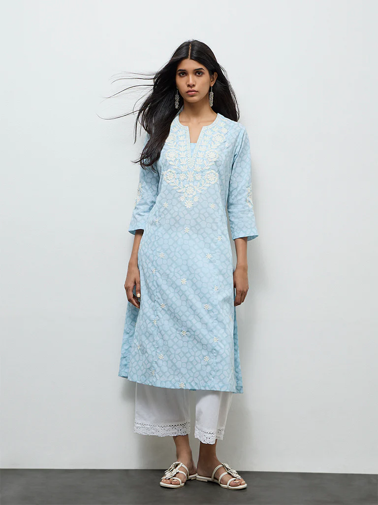 Utsa Light Blue Floral Embroidered Cotton-Blend A-Line Kurta