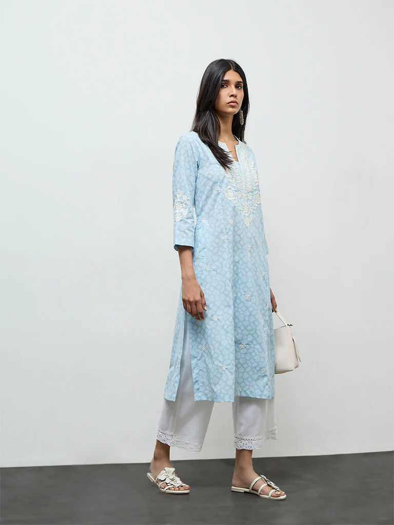 Utsa Light Blue Floral Embroidered Cotton-Blend A-Line Kurta - Image 2