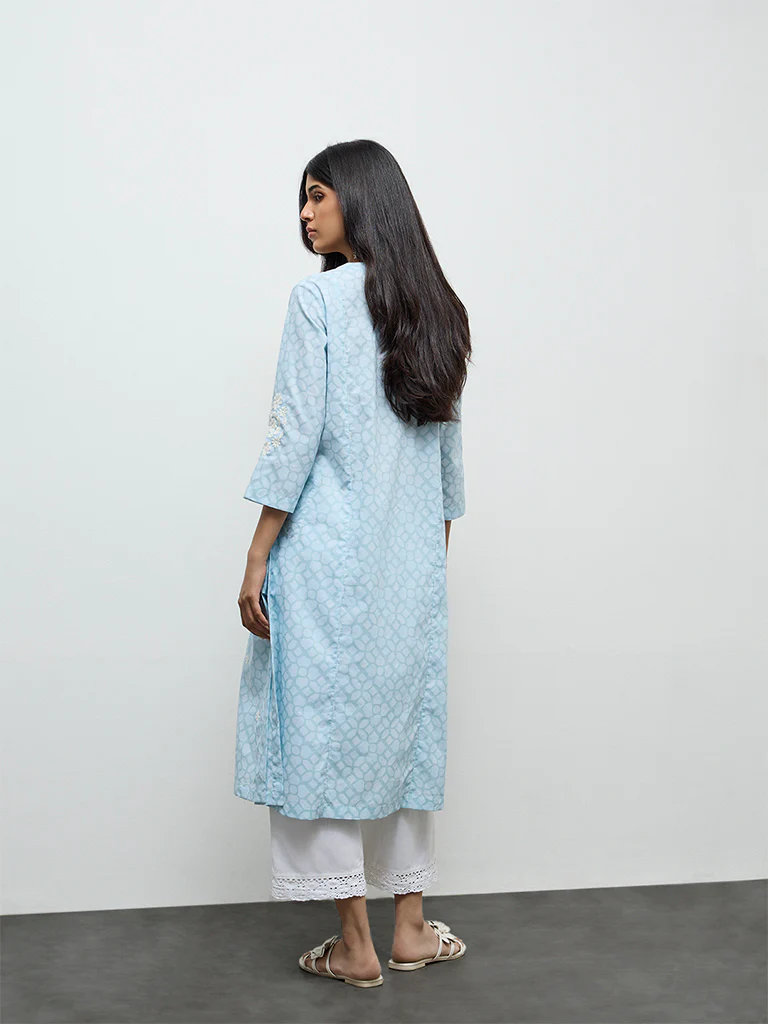 Utsa Light Blue Floral Embroidered Cotton-Blend A-Line Kurta - Image 4