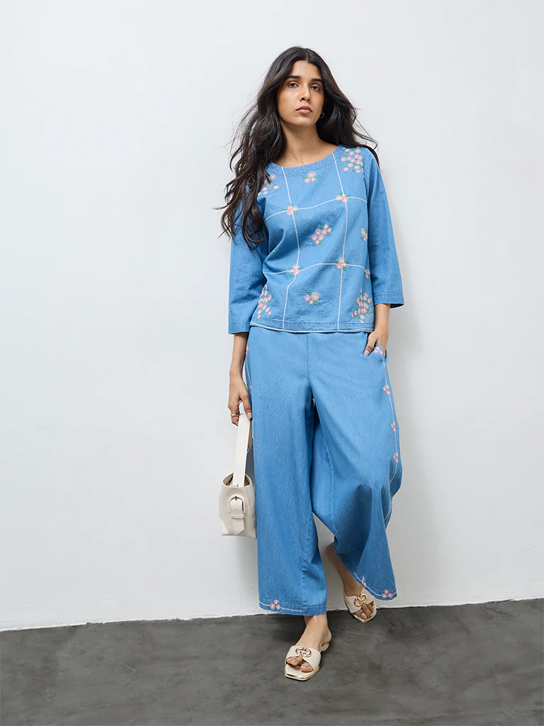 Utsa Light Blue Floral Embroidered Denim Tunic - Image 2