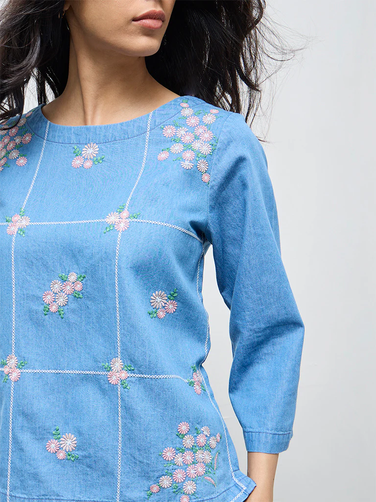 Utsa Light Blue Floral Embroidered Denim Tunic - Image 3