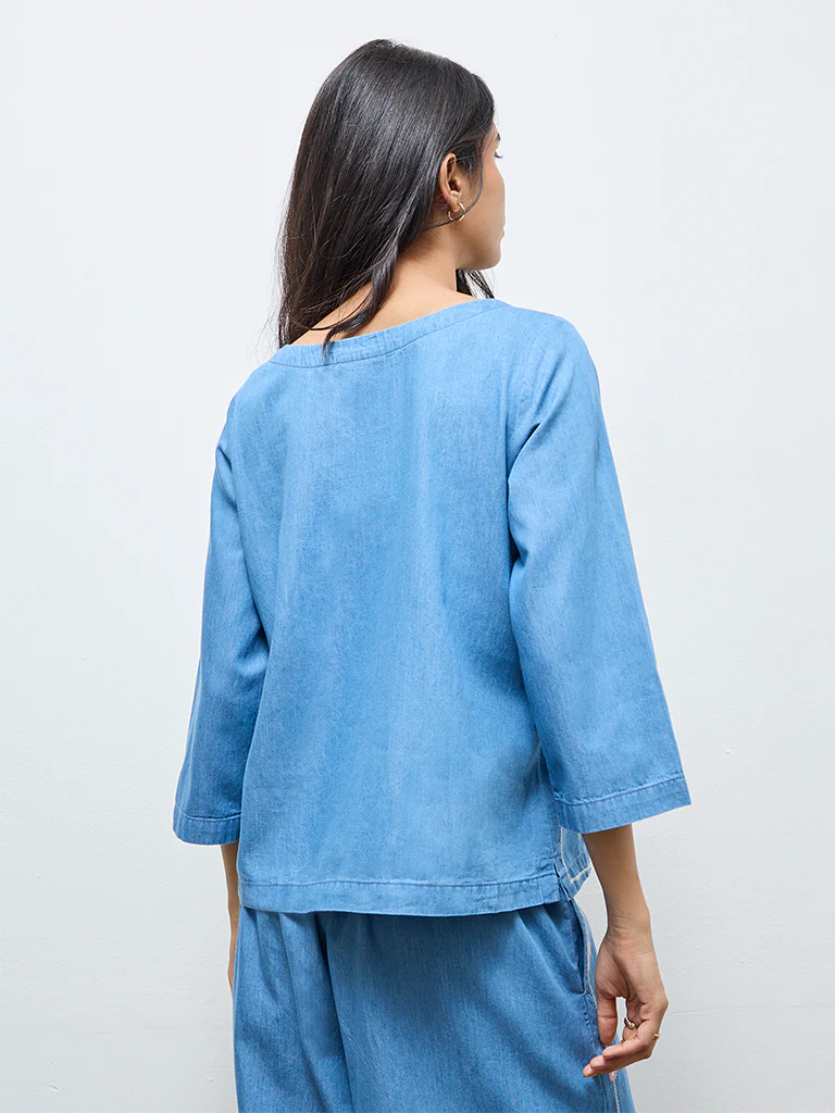 Utsa Light Blue Floral Embroidered Denim Tunic - Image 4