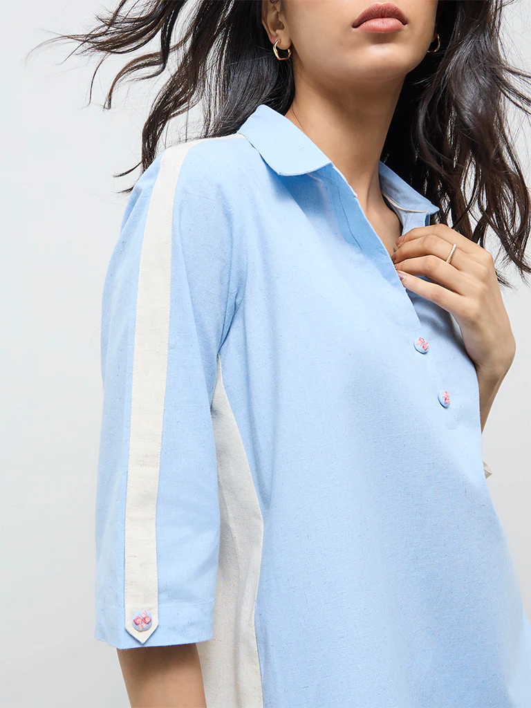 Utsa Light Blue Striped Cotton-Blend A-Line Kurta - Image 3