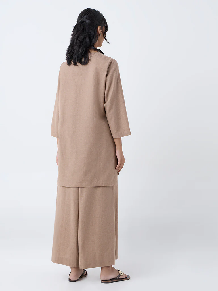 Utsa Light Brown Paisley Embroidered Cotton Tunic - Image 4