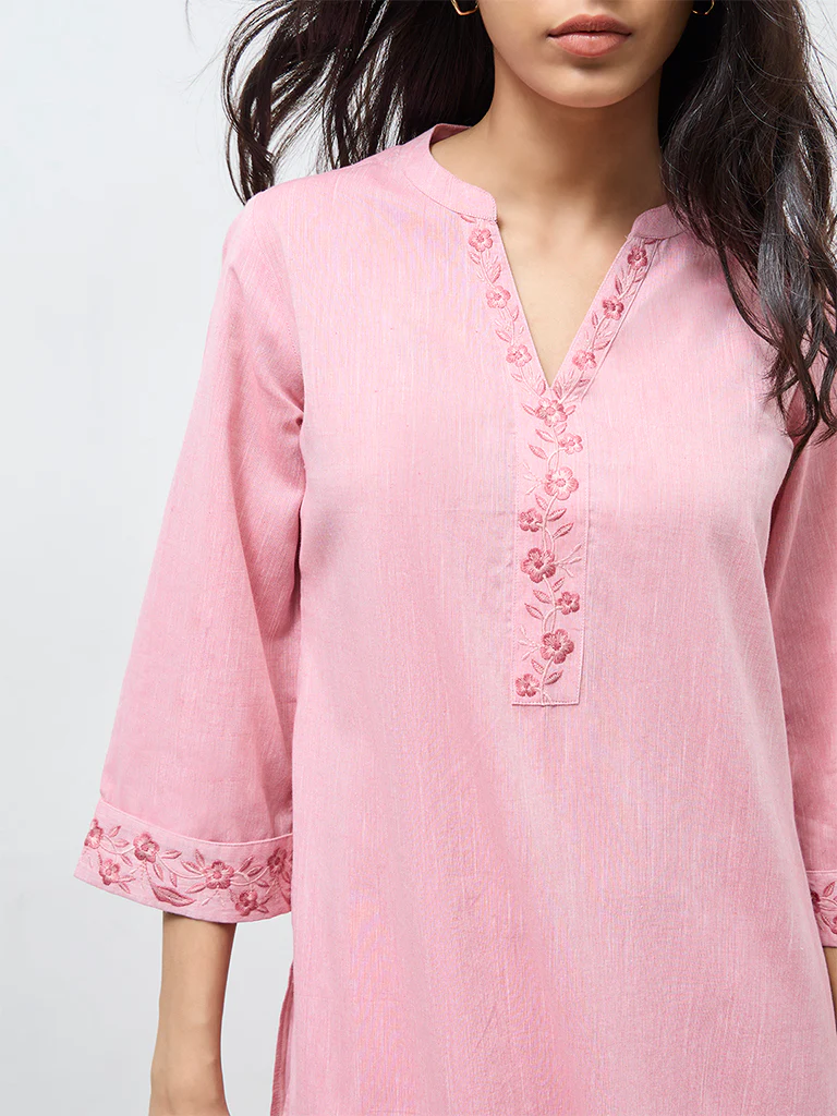 Utsa Light Pink Floral Embroidered Cotton A-Line Kurta - Image 3