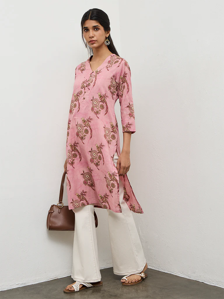 Utsa Light Pink Floral Printed Cotton Straight Kurta - Image 2
