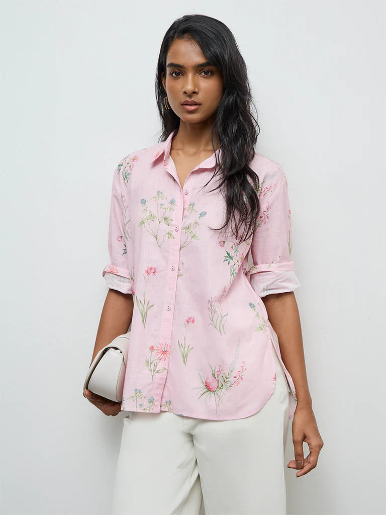 Utsa Light Pink Foliage Printed Cotton Tunic