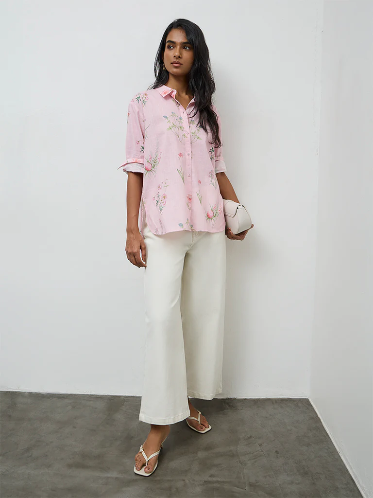 Utsa Light Pink Foliage Printed Cotton Tunic - Image 2