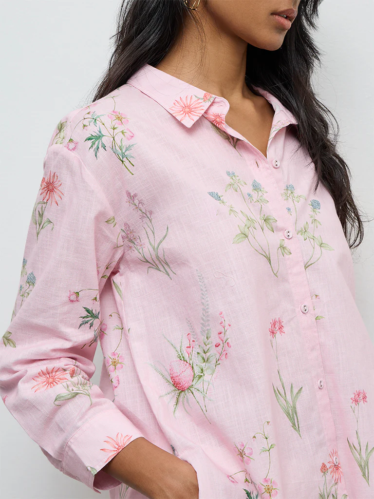 Utsa Light Pink Foliage Printed Cotton Tunic - Image 3