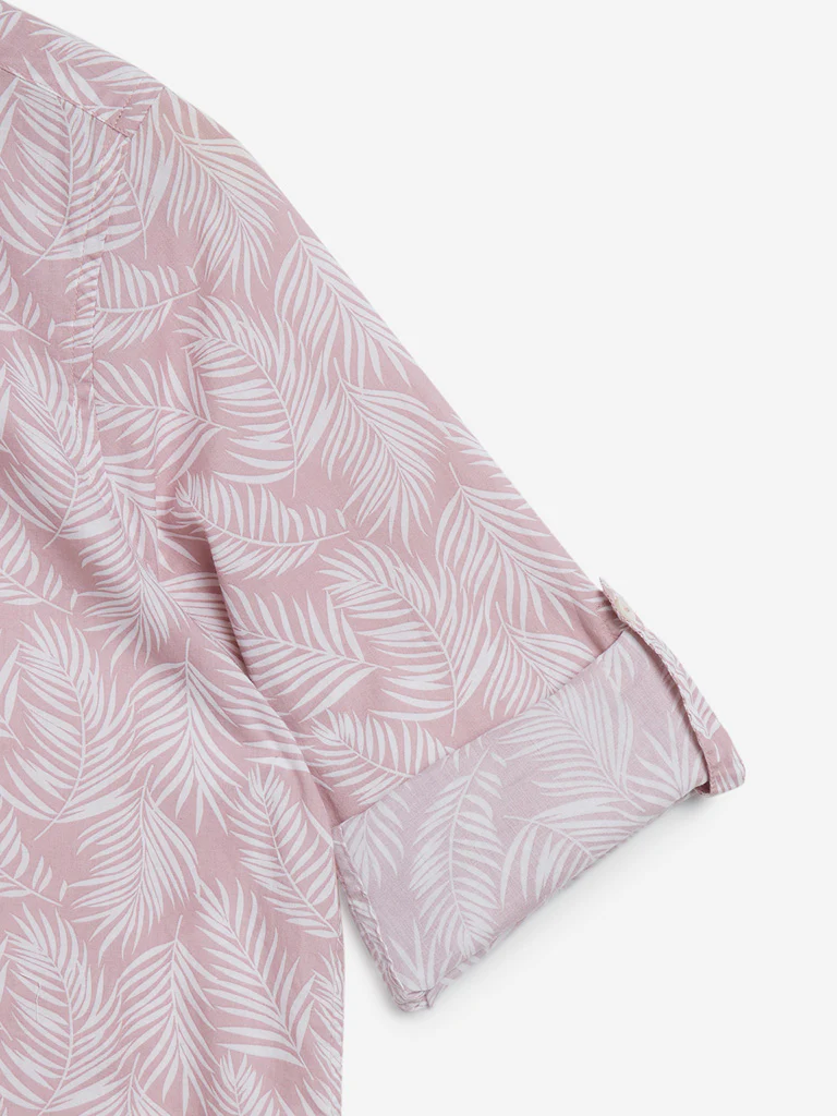 Utsa Light Pink Leaf Printed Ethnic Cotton Shirt - Image 3
