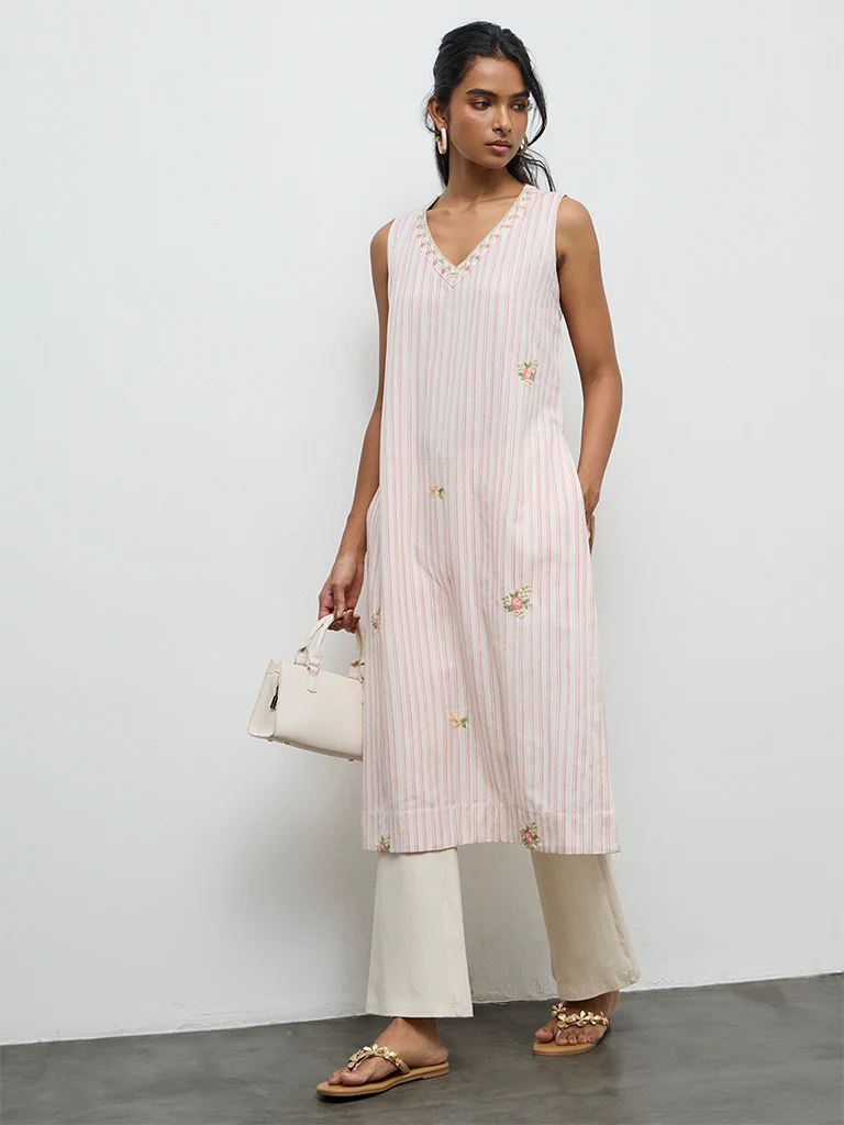 Utsa Light Pink Striped A-Line Cotton-Blend Kurta - Image 2