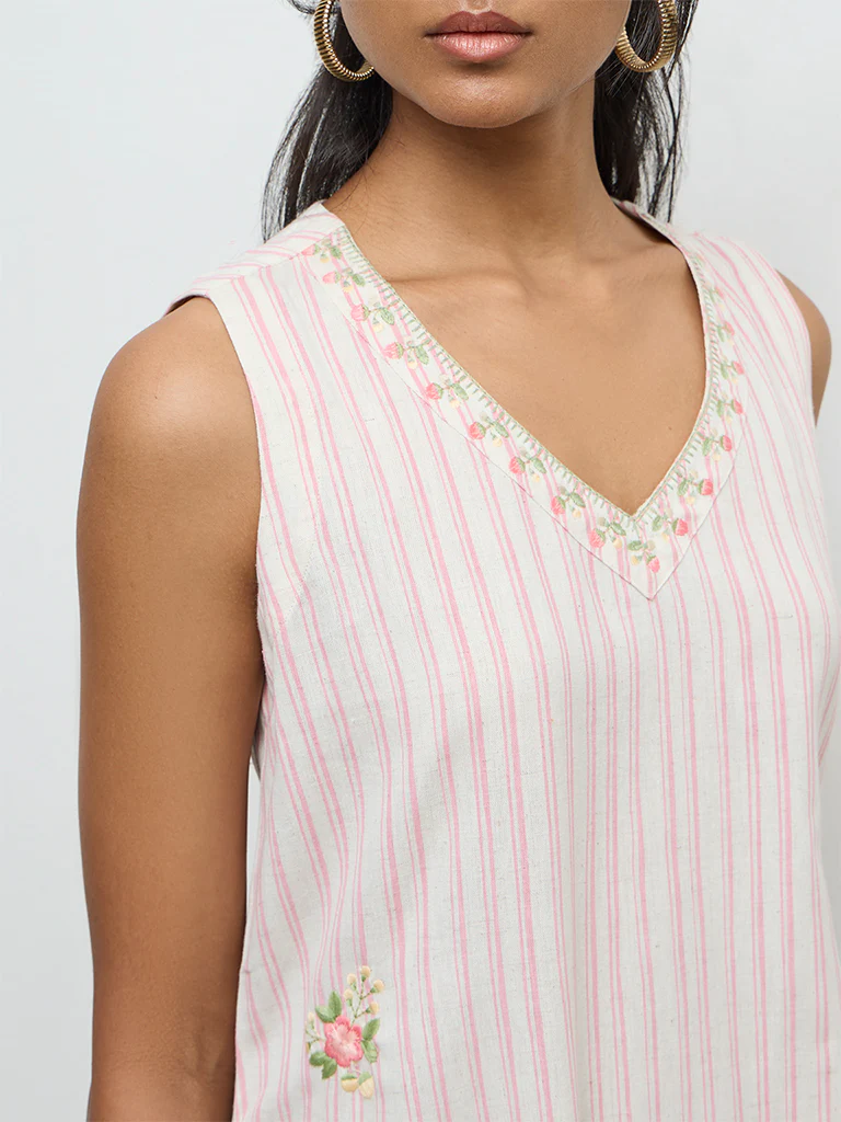 Utsa Light Pink Striped A-Line Cotton-Blend Kurta - Image 3