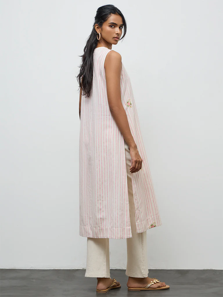 Utsa Light Pink Striped A-Line Cotton-Blend Kurta - Image 4