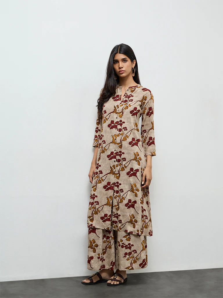 Utsa Light Taupe Floral Printed A-Line Kurta