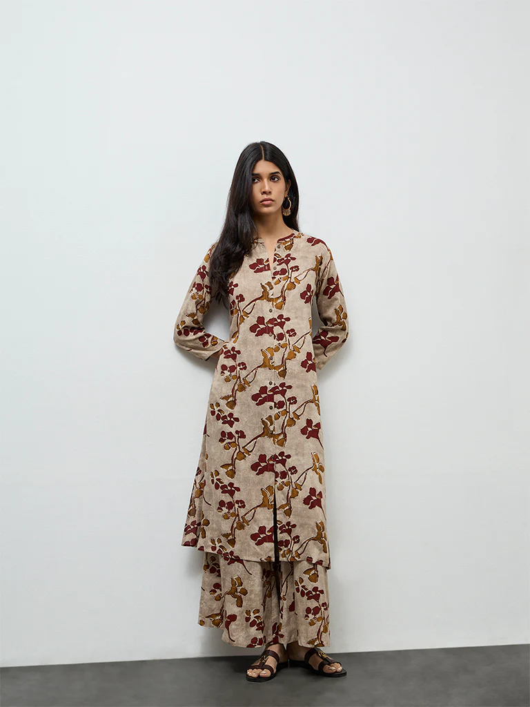Utsa Light Taupe Floral Printed A-Line Kurta - Image 2