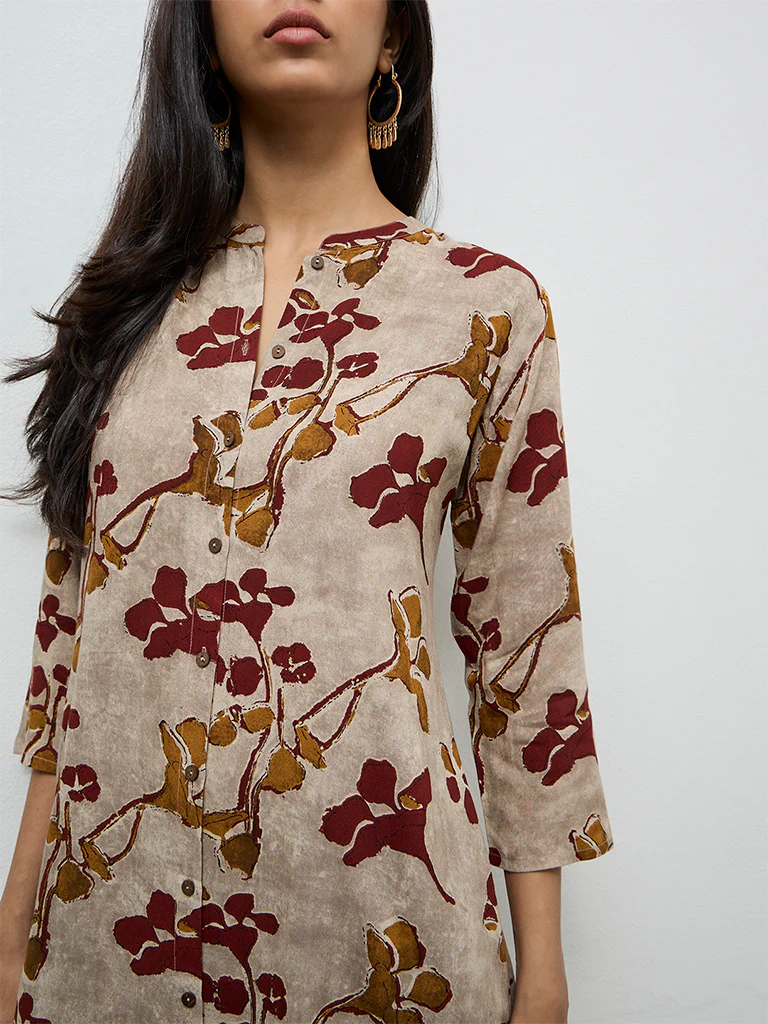 Utsa Light Taupe Floral Printed A-Line Kurta - Image 3