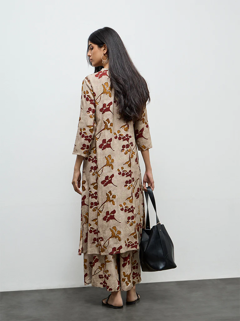 Utsa Light Taupe Floral Printed A-Line Kurta - Image 4