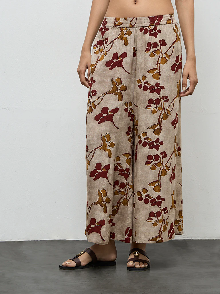Utsa Light Taupe Floral Printed Palazzos