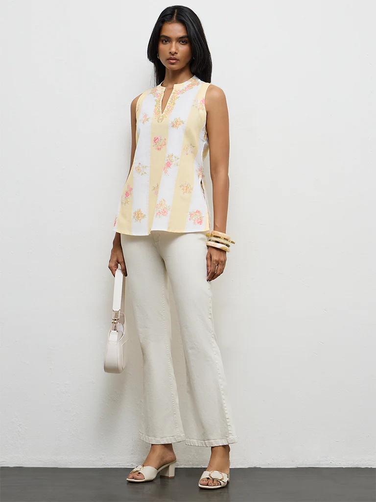 Utsa Light Yellow Floral Printed Cotton-Blend Tunic - Image 2