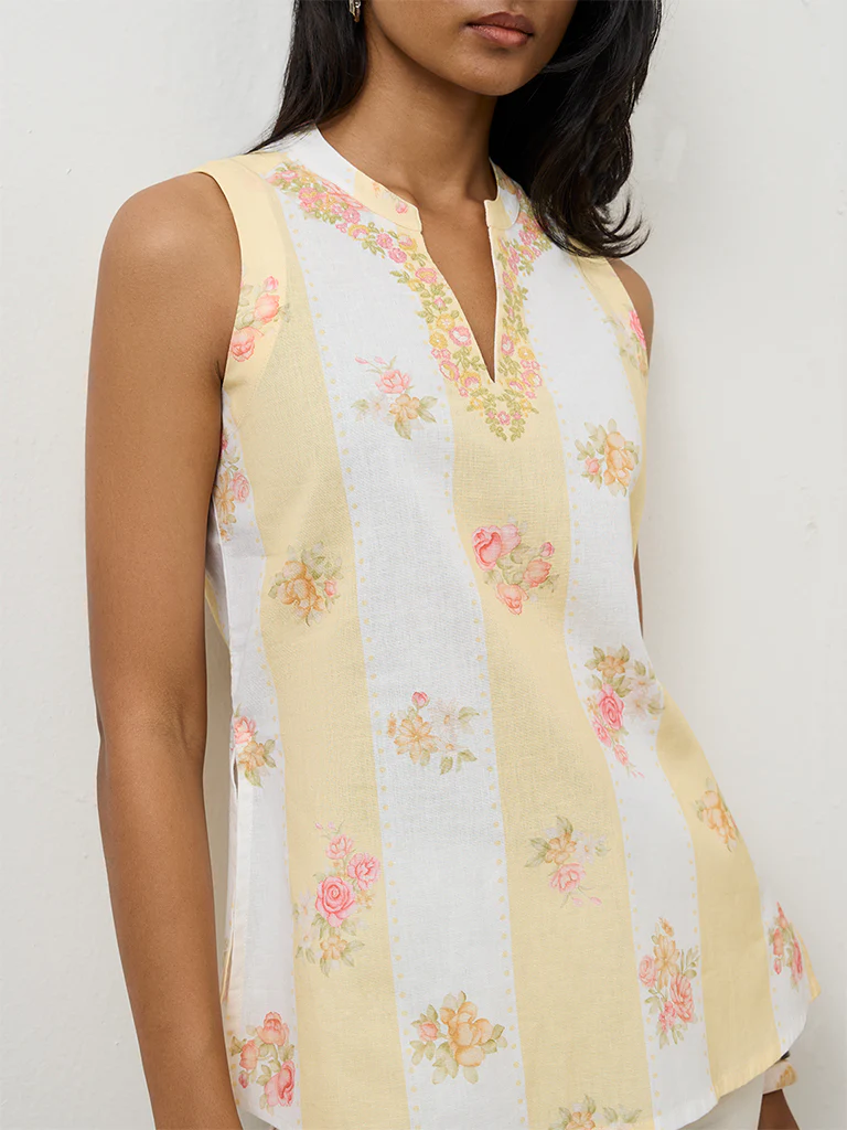 Utsa Light Yellow Floral Printed Cotton-Blend Tunic - Image 3