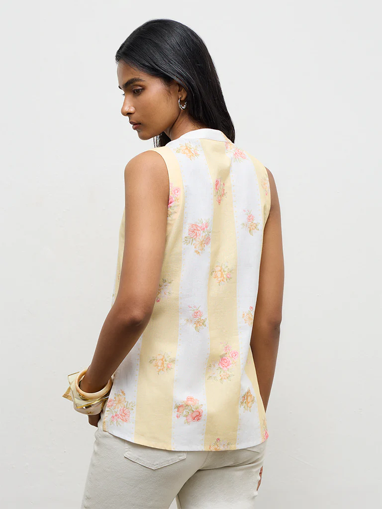 Utsa Light Yellow Floral Printed Cotton-Blend Tunic - Image 4