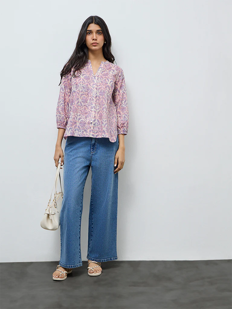 Utsa Lilac Botanical Printed Cotton Tunic