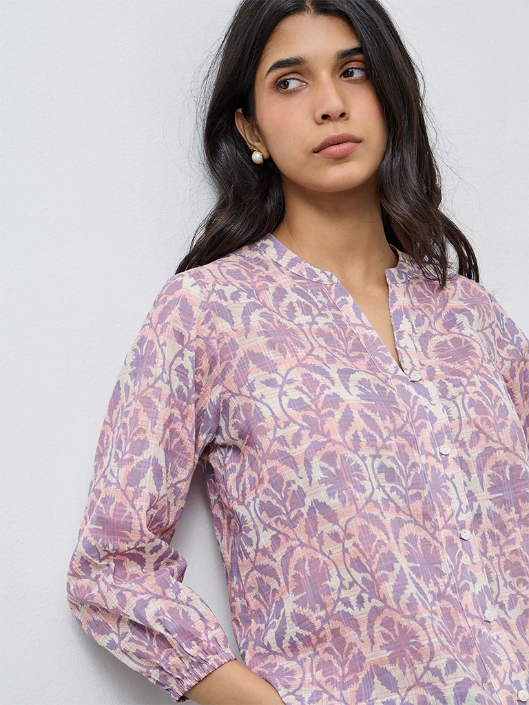 Utsa Lilac Botanical Printed Cotton Tunic - Image 3