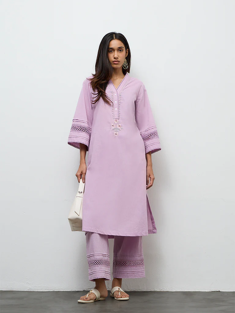 Utsa Lilac Crochet Detailed Cotton-Blend Pants - Image 2