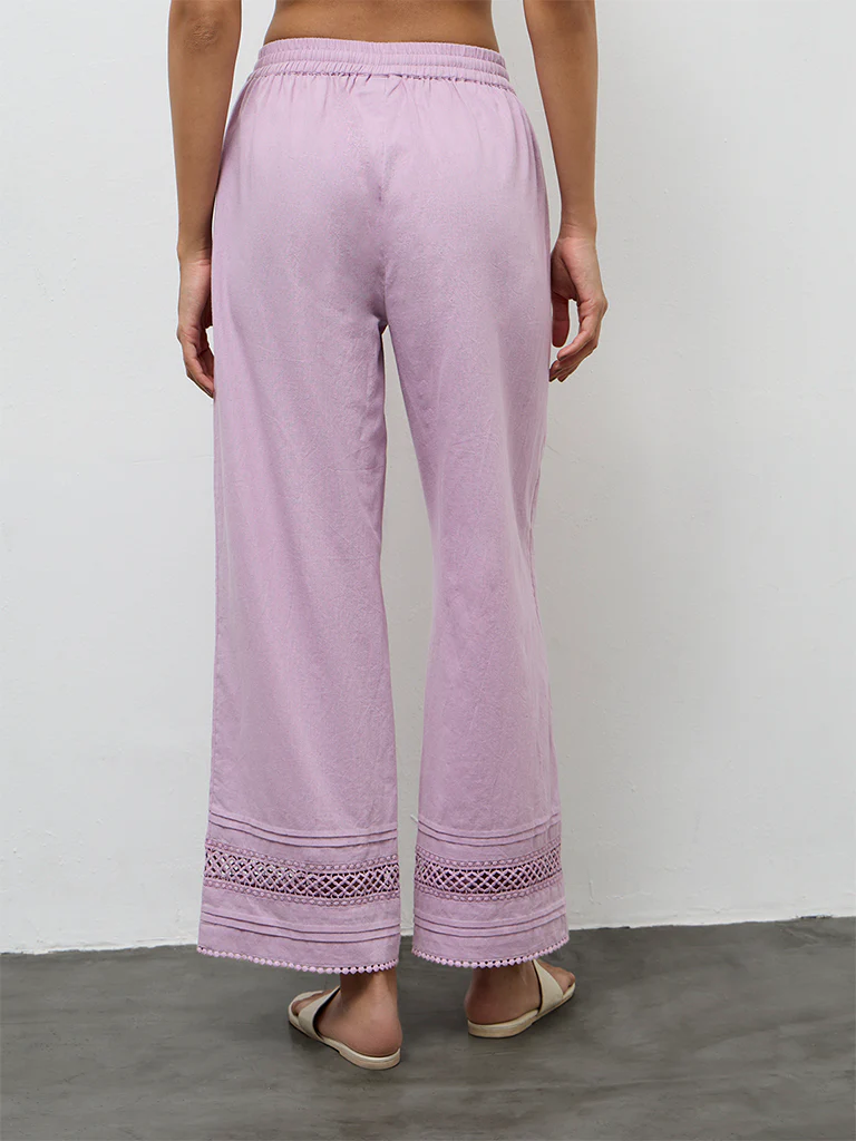 Utsa Lilac Crochet Detailed Cotton-Blend Pants - Image 4