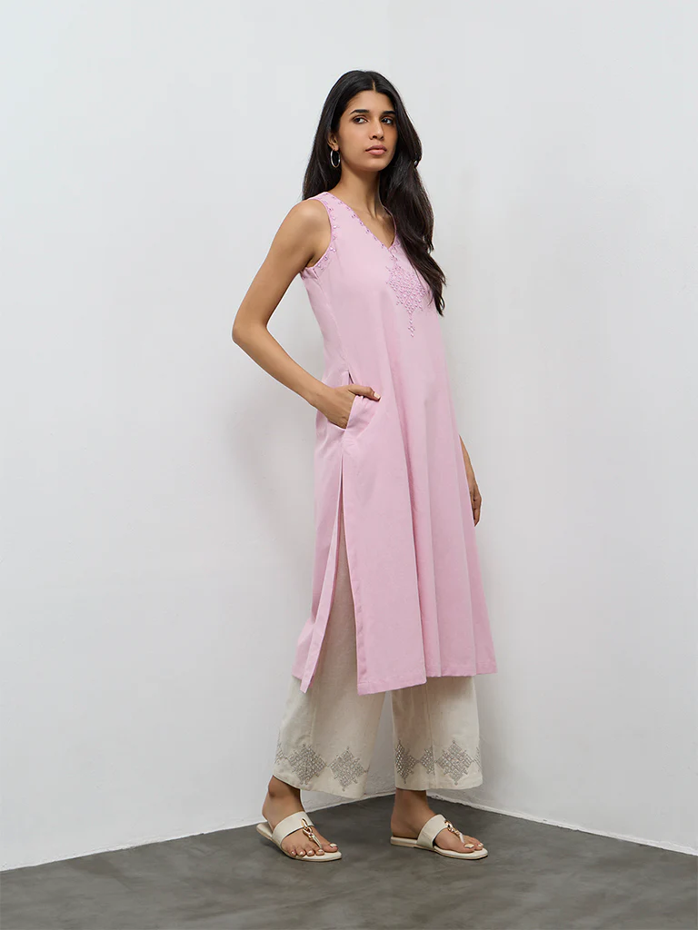 Utsa Lilac Embroidered Cotton-Blend A-Line Kurta - Image 2