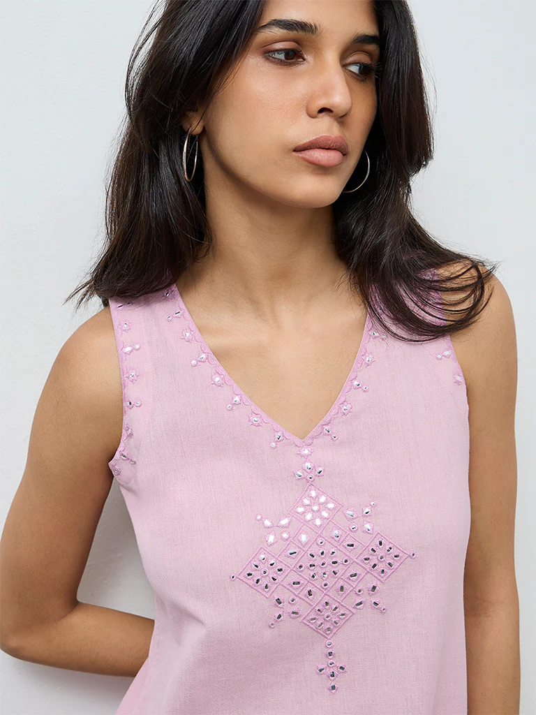 Utsa Lilac Embroidered Cotton-Blend A-Line Kurta - Image 3