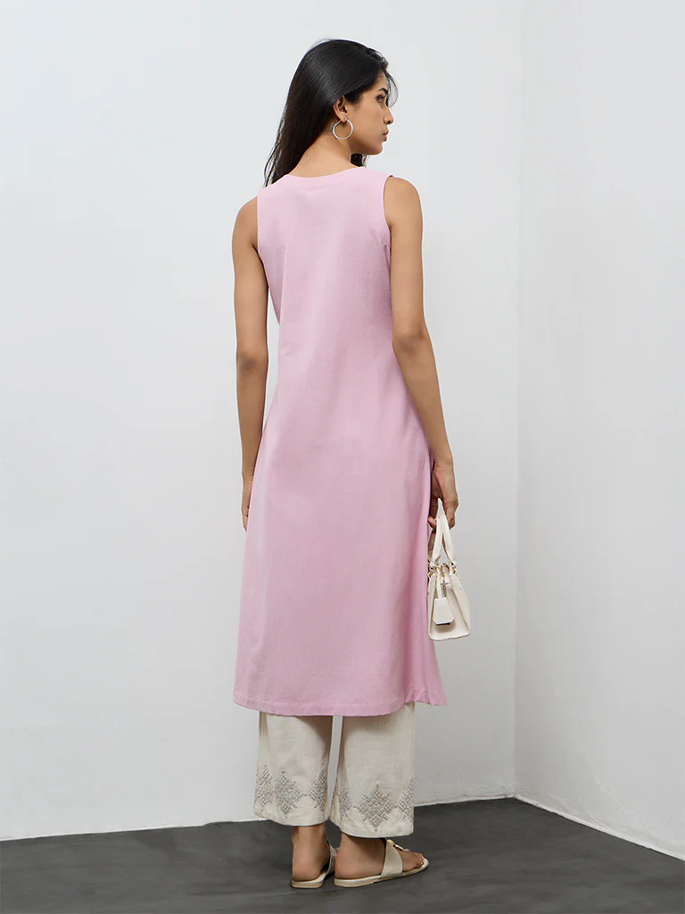 Utsa Lilac Embroidered Cotton-Blend A-Line Kurta - Image 4