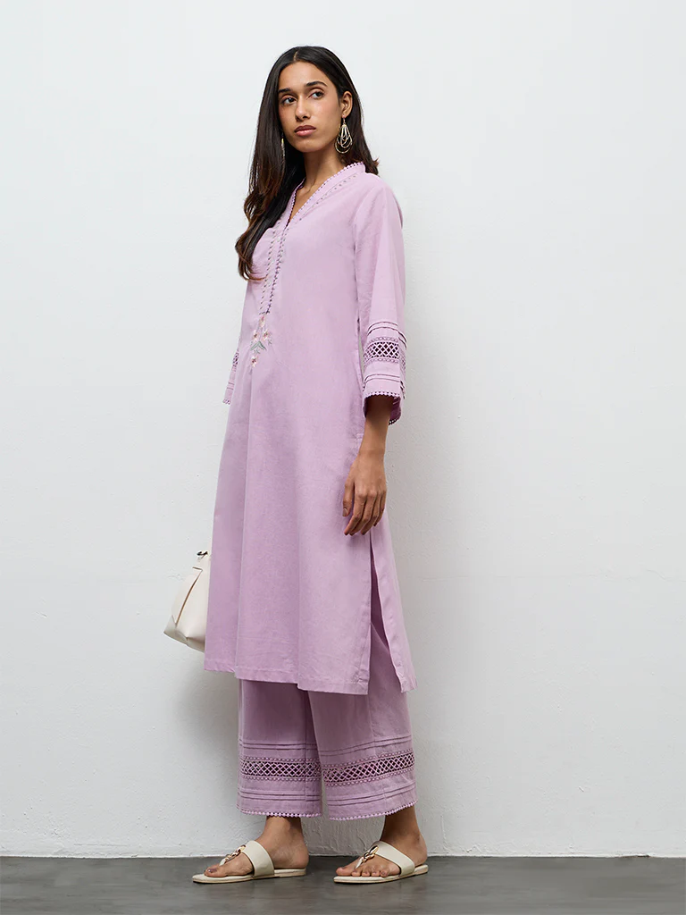 Utsa Lilac Embroidered Cotton-Blend A-Line Kurta - Image 2