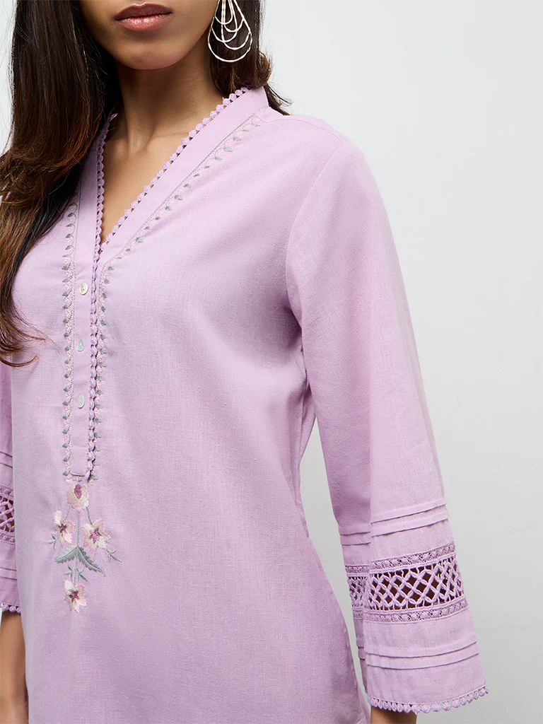Utsa Lilac Embroidered Cotton-Blend A-Line Kurta - Image 3